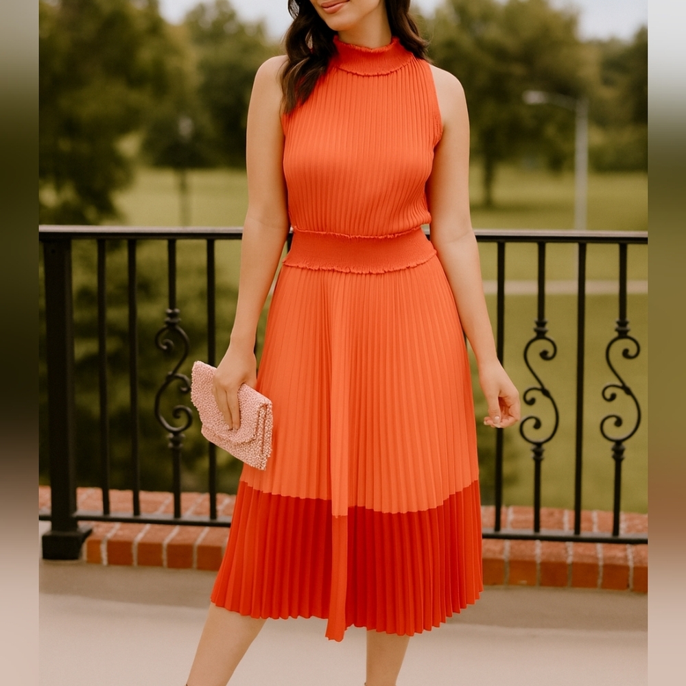 Nanette Lepore Orange Red Accordion Pleated Dress Colorblock Summer Wedding‎